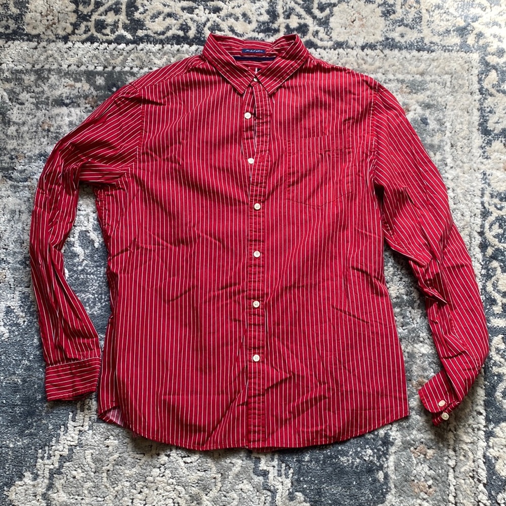 Red button up with blue & white stripes
